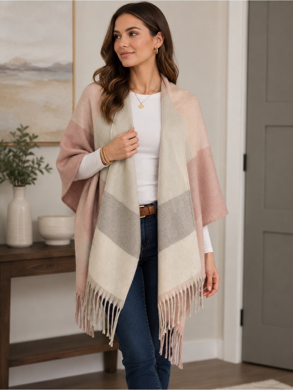 Woolrich Pink Plaid Colorblock Fringe cozy blanket wrap shawl scarf cream